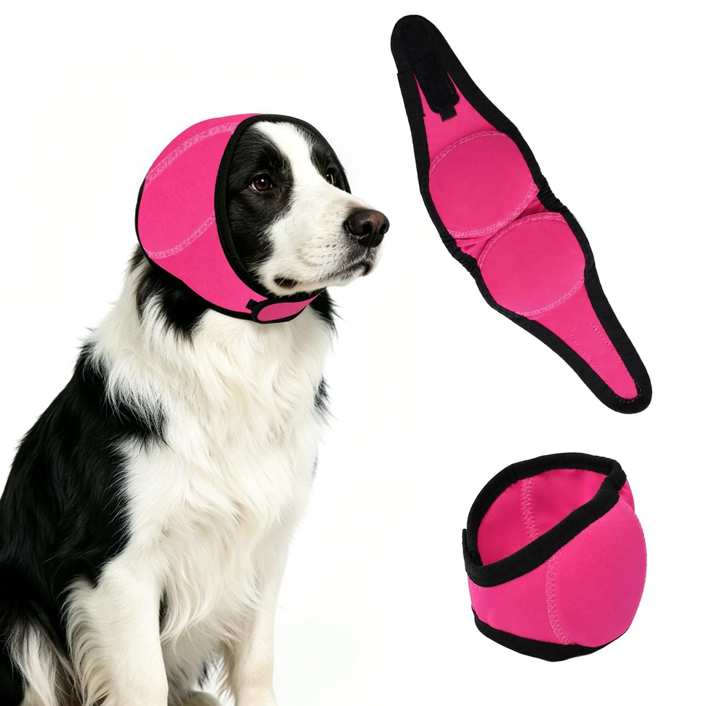 Upgraded Dog Ear Muffs for Noise Protection & Anxiety Relief, Adjustable No Shake Ear Wrap for Firework, Hematoma, Bathing, Swim, Grooming and Force Drying (Fuchsia, M(Head Size:14"-19"))