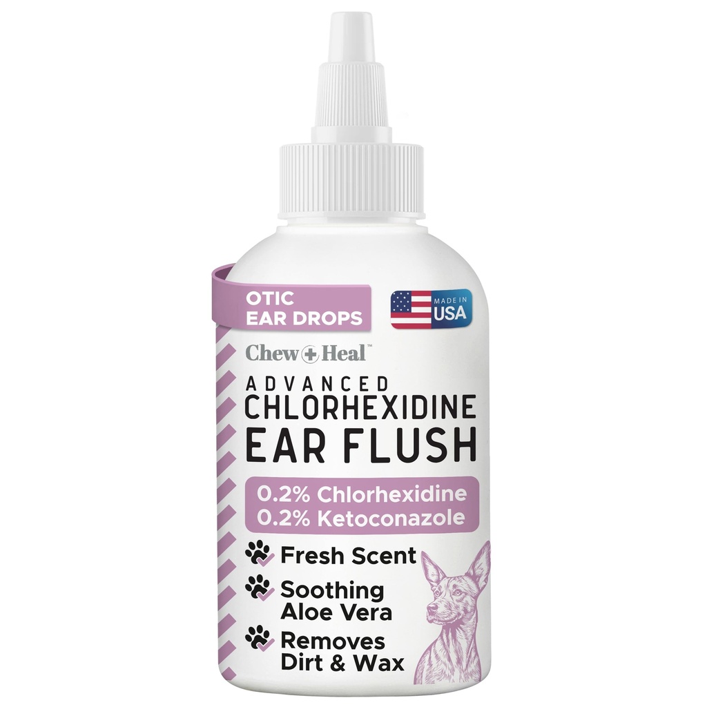Chew + Heal Labs Dog Ear Cleaner - Medicated Dog Ear Buildup Drops for Dirt and Wax - 4 oz Advanced Flush with Chlorohexidine and Ketoconazole - Made in the USA