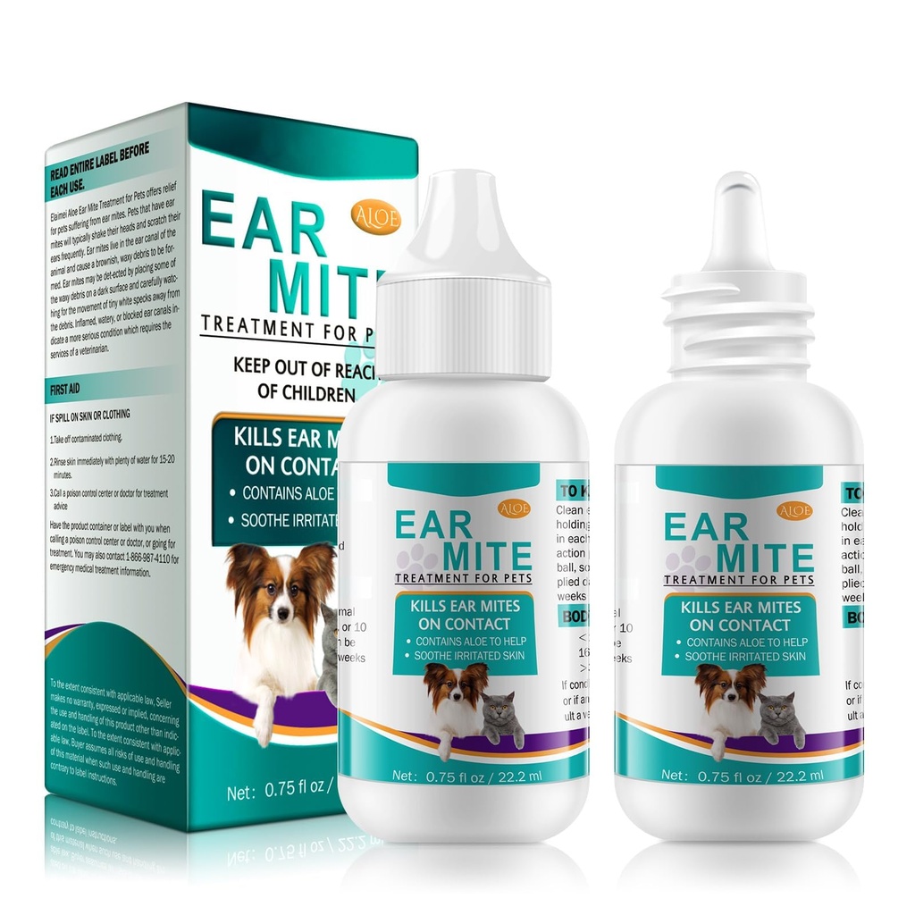 2 Pack Ear Mite Treatment for Dogs and Cats, with Aloe Vera, Cat Ear Mite Treatment Cleaner on Contact & Soothes Itching, Vet-Recommended Formula for Ear Infection Treatment Drops