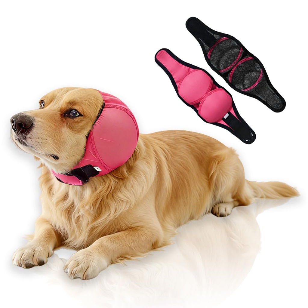 Waterproof Dog Ear Covers,No Flap Ear Wraps for Dogs,Dog Ear Muffs for Noise Protection & Anxiety Relief,Adjustable Dog Calming Hoodie Shower Cap for Bathing Grooming(Fuchsia,L)