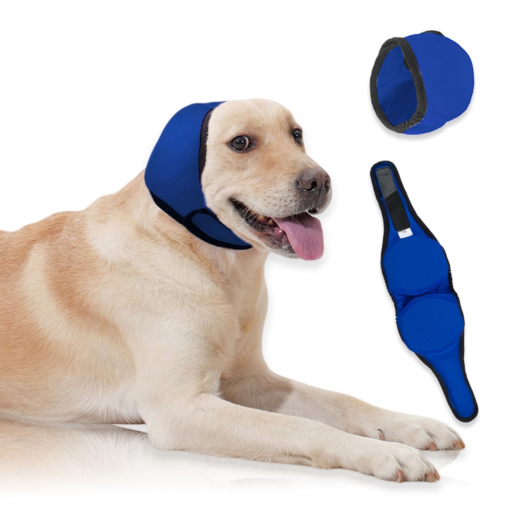 Dog Ear Covers,Dog Ear Muffs Noise Protection,No Flap Ear Wrap for Dogs Hematoma Recovery,Adjustable Calming Hoodie Shower Cap for Grooming,Bathing,Swimming & Anxiety Relief(Blue,M)