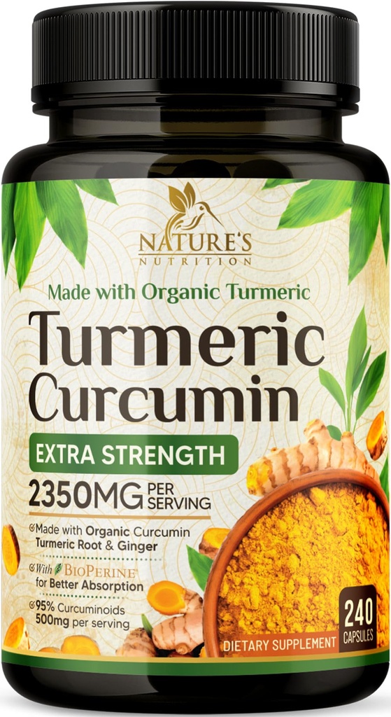 Turmeric Curcumin Supplement 2350mg - 95% Curcuminoids with Organic Turmeric & Ginger, BioPerine Black Pepper for Best Absorption, Nature's Vegan Joint Support, Non-GMO, Bottled in USA - 240 Capsules