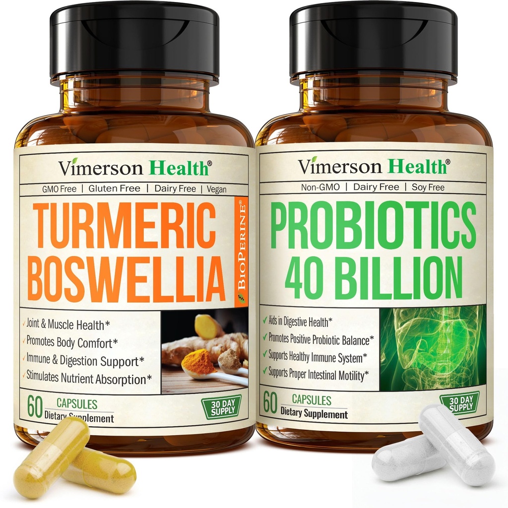 Boswellia Turmeric Curcumin Supplement + 40 Billion CFU Probiotics for Women & Men with Prebiotics Bundle for Joint & Immune Support, Digestive & Gut Health – with Ginger Root, Organic Turmeric Powder