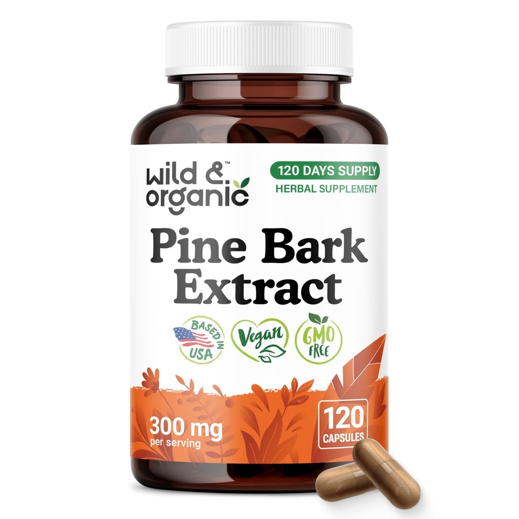 Wild & Organic Pine Bark Extract Capsules 300 mg - Antioxidant Supplement - 95% Proanthocyanidins - 120 Capsules - French Maritime Pine Bark Extract - 4-Month Supply - Pinus Maritima - Vegan, Non-GMO