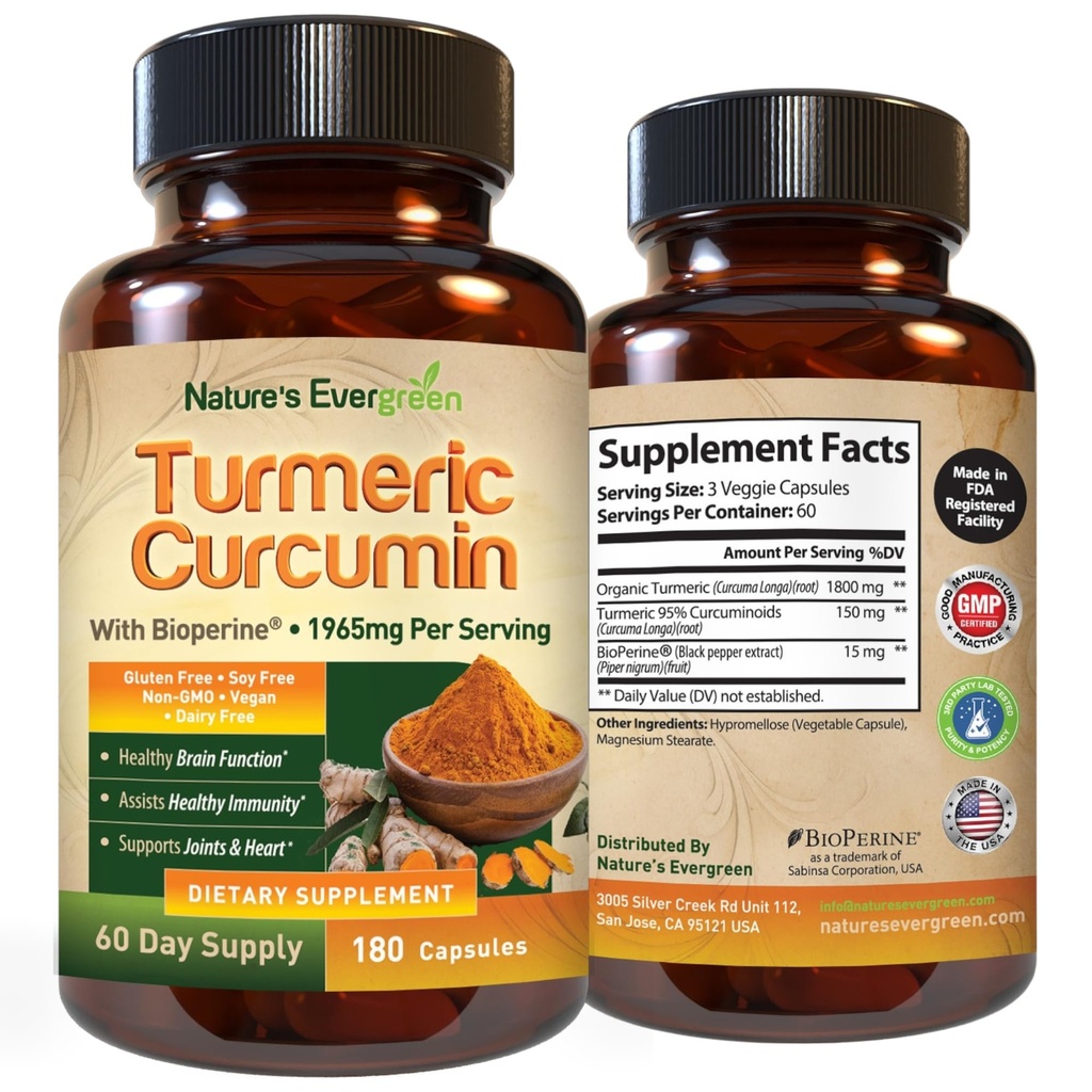 Turmeric Curcumin with Black Pepper Extract (Bioperine) & Organic Turmeric Vegan Joint Support Supplement. Extract 95% Curcuminoids 1965mg Supplement for Healthy Joints & Immune Support. 180 Capsules