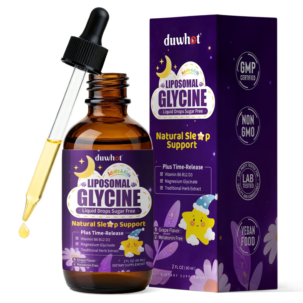 duwhot Glycine for Sleep Liquid Drops Sugar Free, 1.5g/3g Glycine Supplement Plus Magnesium, L-theanine & Vitamins for Stress Relief, Relaxation & Energy Support, Liposomal, Vegan, Organic, 2 FL OZ
