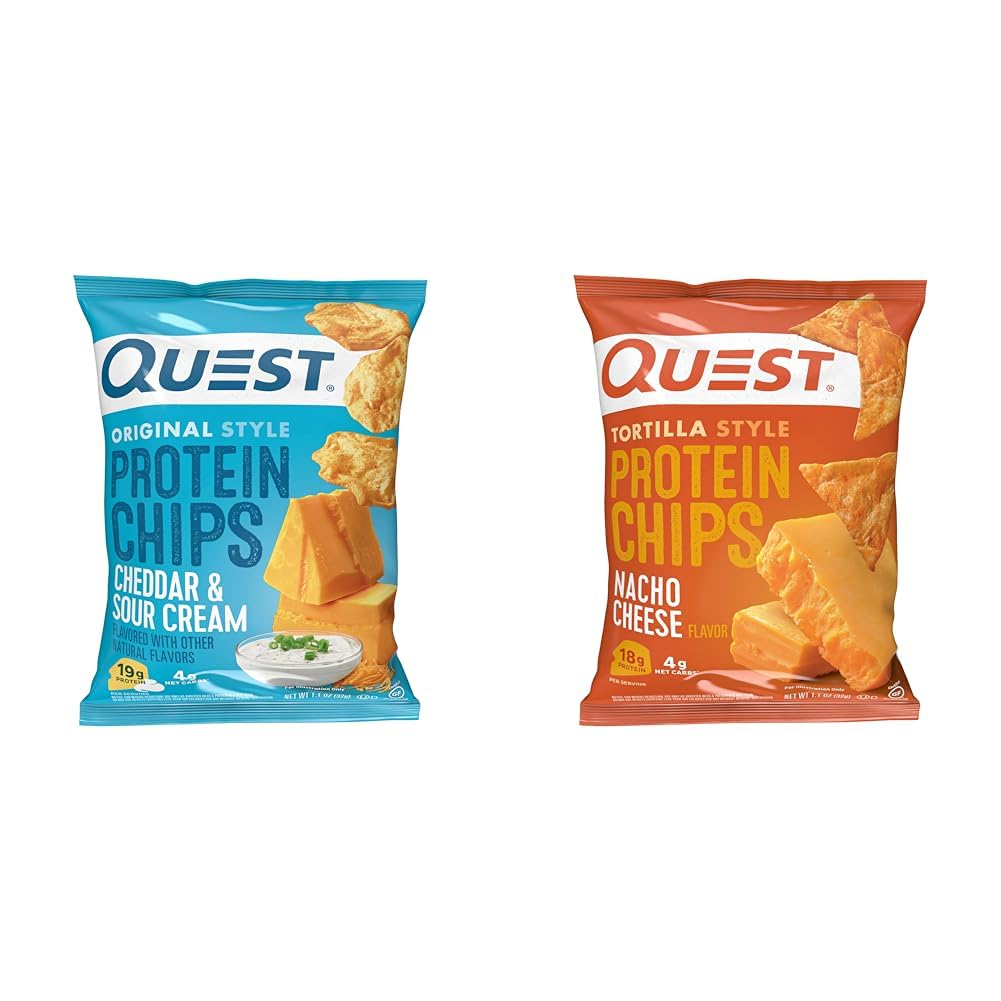 Quest Protein Chips Bundle - Cheddar & Sour Cream (Pack of 12) and Nacho Cheese Tortilla Style (Pack of 12)
