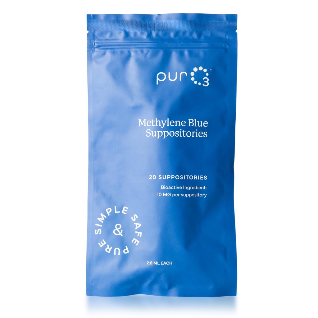PurO3 Methylene Blue Suppositories – USP Grade Antioxidant Support for Focus, Energy, Cognition, & Cellular Health, Pure & Clean Vegan Formulation Made in The USA, 20 Count