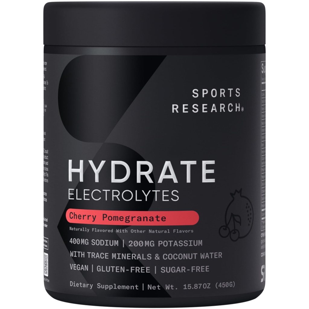 Sports Research® Hydrate Electrolytes Powder - Χωρίς ζάχαρη & Φυσικά Γεύση με Βιταμίνες, Ορυκτά και Καρύδες Νερό - Υποστηρίζει Ενυδάτωση - Ρόδι κερασιού - 90 Σερβιέτες