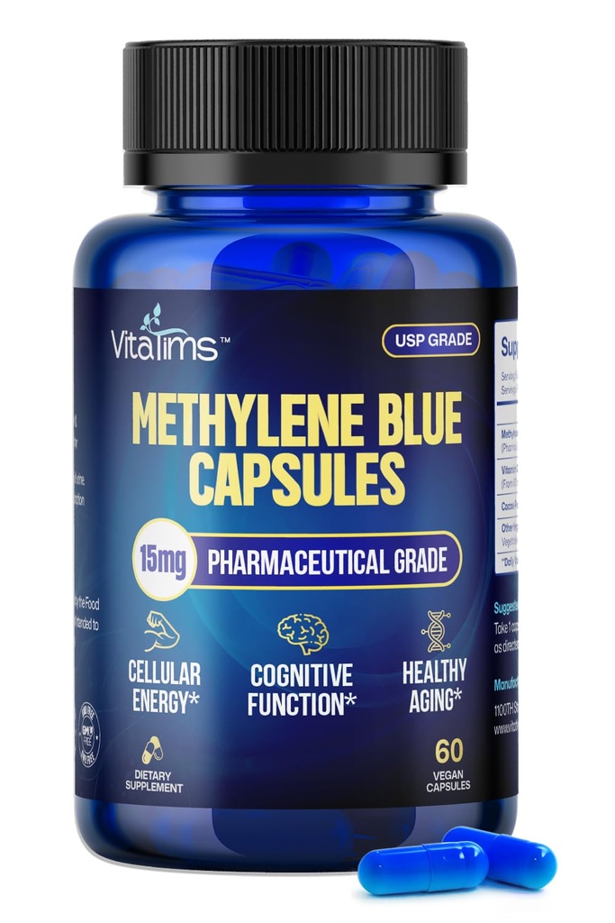 Methylene Blue Capsules 15mg - USP Grade Pharmaceutical Supplement, 99% Pure with Vitamin C Ester - Non-GMO, Vegan Pills for Focus, Memory & Cognitive Energy - 60 Count