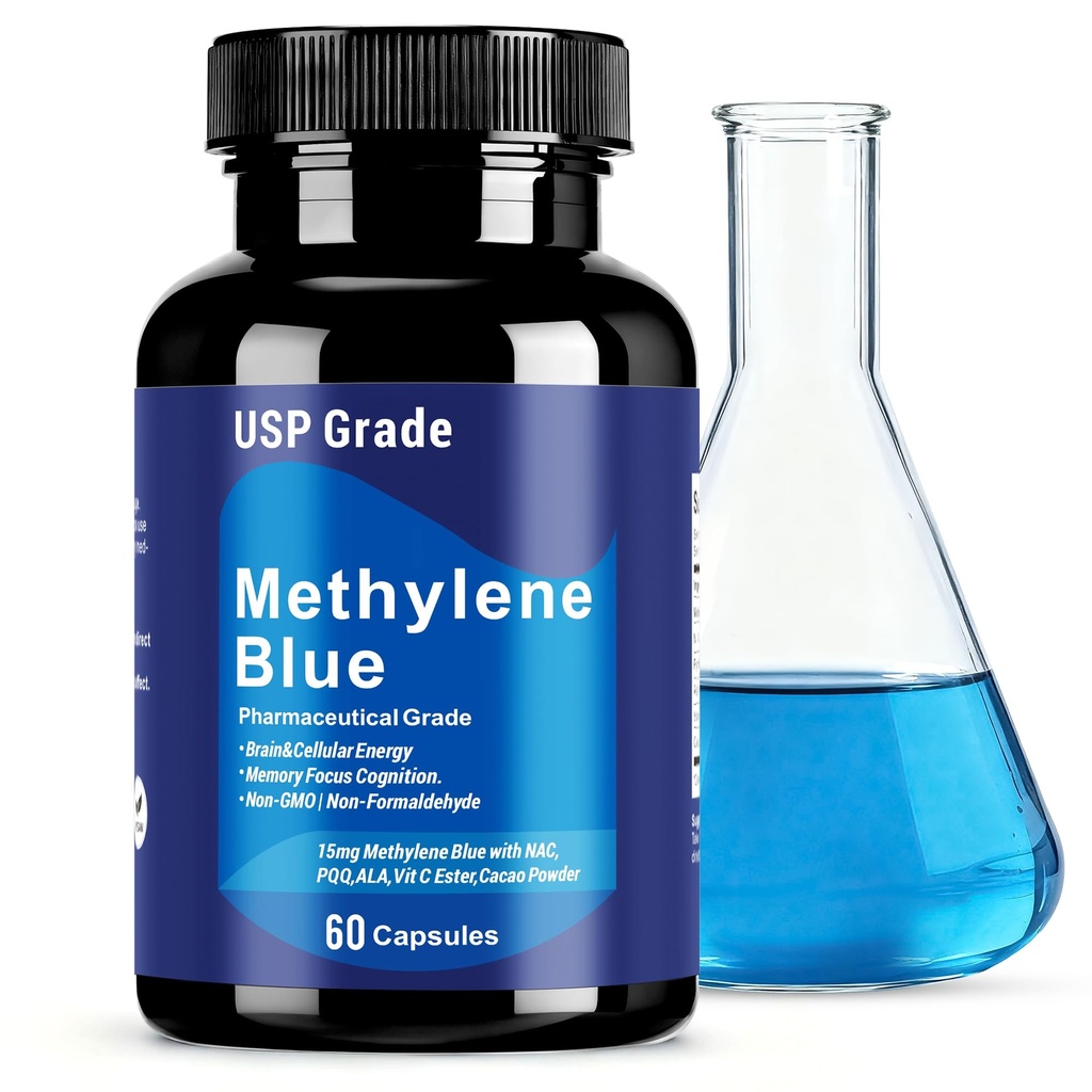 USP Grade Methylene Blue 15mg Capsules with NAC 300mg, PQQ, ALA - 99% Purity Nootropic Complex for Mitochondrial Energy, Focus, Memory & Brain Health - Made in USA, 60 Count
