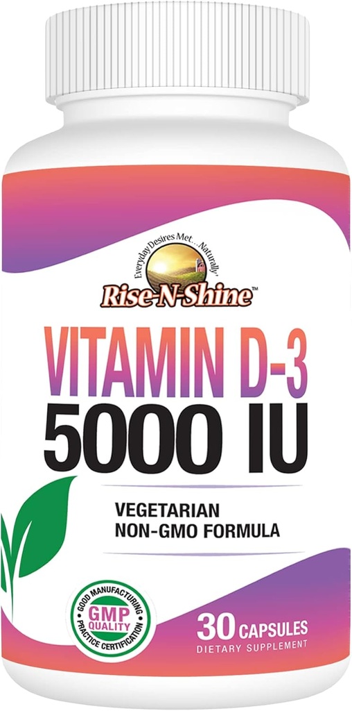 Rise-N-Shine Βιταμίνη D3 5000 IU Συμπληρώματα για γυναίκες & άνδρες - Υποστηρίζει την Ανοσοποιητική Υγεία - 30 ημέρες προσφοράς - 30 κάψουλες λαχανικών