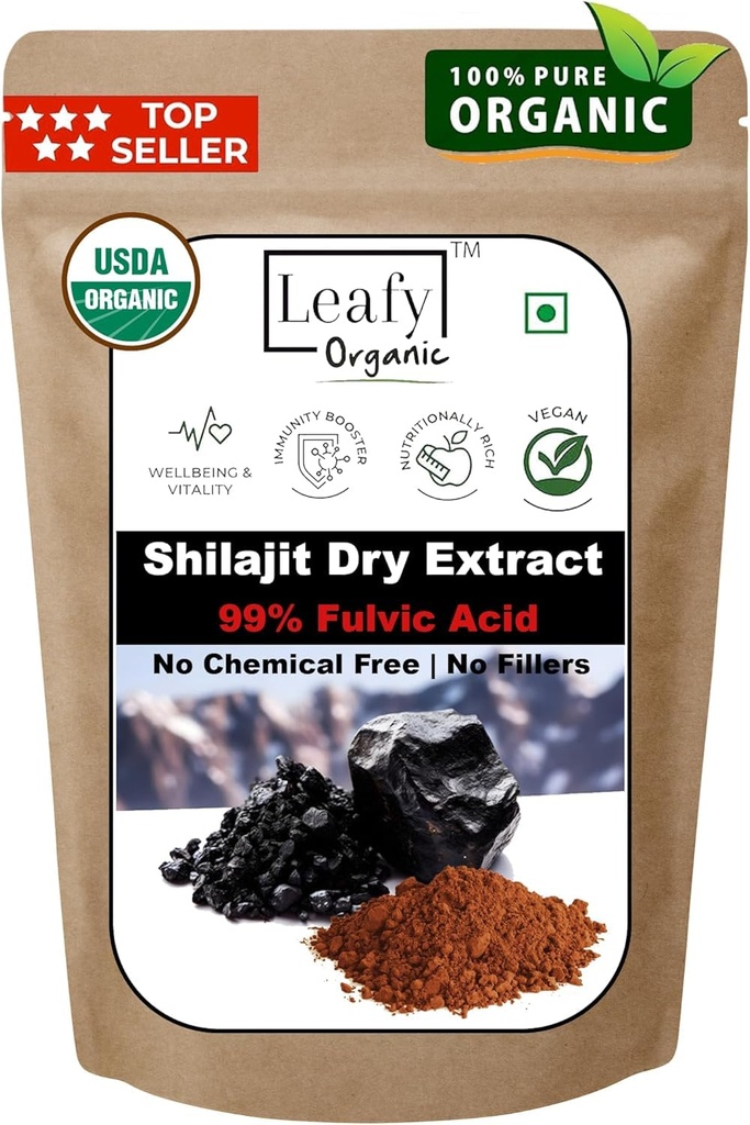 USDA Organic - Shilajit Powder Extract, (3.5 Oz / 100 g) - 99% Fulvic Acid - Full Spectrum Extract | 100% Pure Organic Shilajit - No Fillers | Rich in Fulvic Acid and Trace Minerals By Leafy Organic