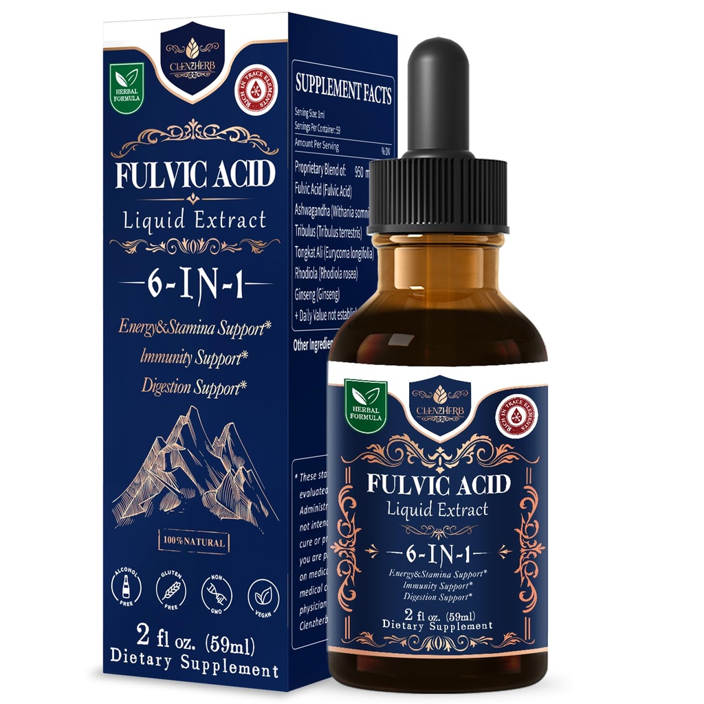 CLENZHERB Fulvic Acid Extract Liquid Drops, Trace Minerals for Energy, Stamina, Immune & Digestive Health, Herbal Tincture Featuring Tribulus Tongkat Ali, 2oz