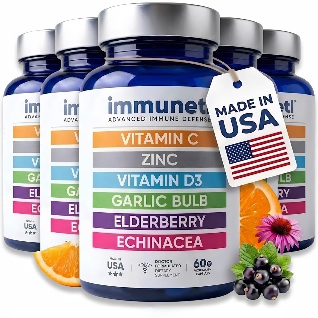 Immuneti Advanced Immune Support – Doctor Formulated 6-in-1 Daily Immunity Supplement – Made in USA – With Vitamin C, D3, Zinc, Elderberry, Garlic & Echinacea - Vital Nutrients & Antioxidants (5)
