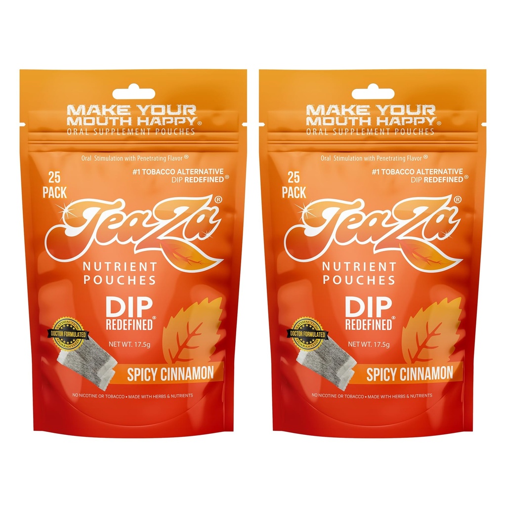 Teaza Energy Pouches Smokeless Tobacco Alternative Snuff Healthy Dip Pouches with Extra Kick of Spice, Spicy Cinnamon (2 Pack) Tobacco Free Nicotine Free Dip Chewing Alternative Tobacco