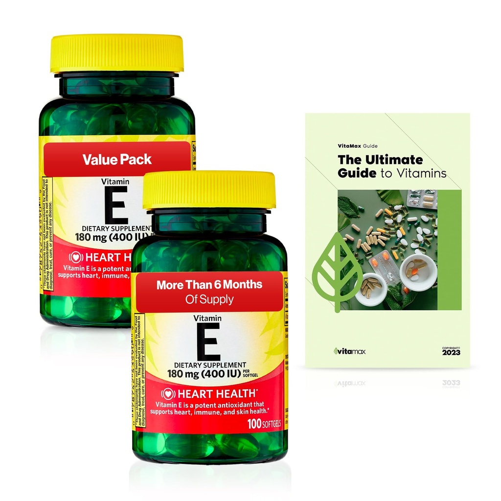 Spring Valley Vitamin E Heart Health Dietary Supplement Softgels, 180 mg (400 IU), 200 Count, 2-Pack + Exclusive VitaMax Vitamin Guide (3 Items)