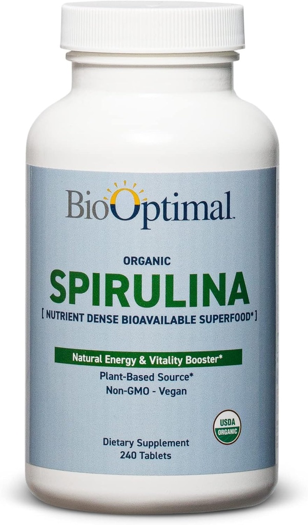 BioOptimal Organic Spirulina Tablets - Βιολογικά, Μη ΓΤΟ, Χωρίς Πρόσθετα ή Γέμισμα - 500mg Premium Quality Συμπλήρωμα διατροφής με Βιταμίνες, Ορυκτά, & Αντιοξειδωτικά (240 Tablets)