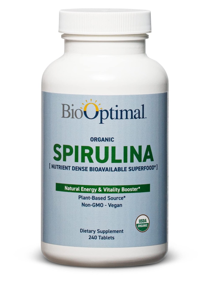 BioOptimal Organic Spirulina Tablets - Βιολογικά, Μη ΓΤΟ, Χωρίς Πρόσθετα ή Γέμισμα - 500mg Premium Quality Συμπλήρωμα διατροφής με Βιταμίνες, Ορυκτά, & Αντιοξειδωτικά (240 Tablets)