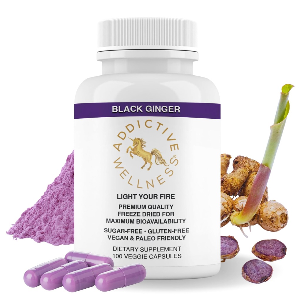 Εθιστική Wellness Black Ginger Κάψουλες 450mg, Kaempferia Parviflora συμπλήρωμα για την υποστήριξη της ενέργειας, του μεταβολισμού, της αντοχής & της απόδοσης, της Ταϊλάνδης Μαύρο Ginger για τους άνδρες, Vegan & Παλαιό, 100 Count
