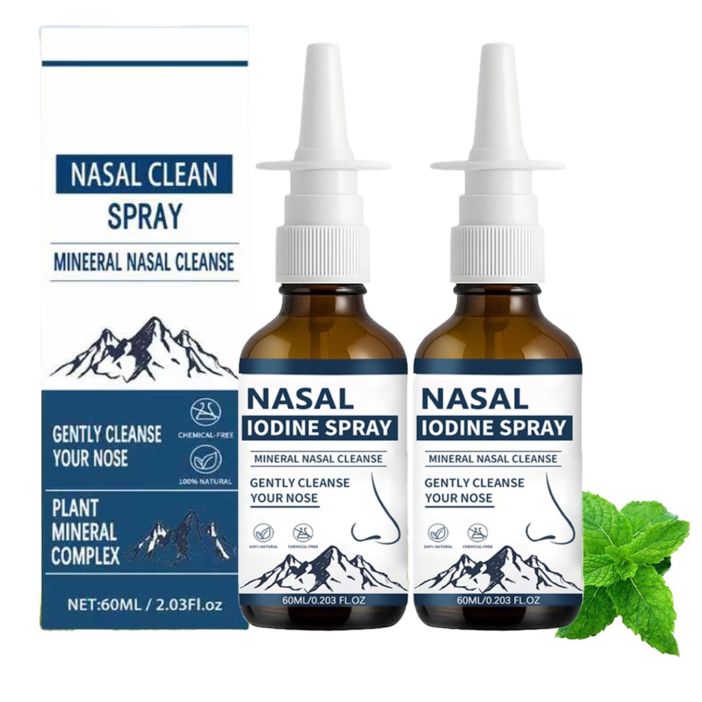 Iodine Nasal Spray - Natural, Drip-Free, Clear Nasal Spray, All-Natural, Steroid-Free, Unisex, Relieves Nasal Discomfort, Cleanses, Moisturizes and Nourishes, 60ml/2.03 Fl Oz (2pc)