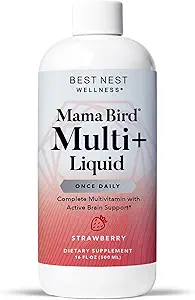 Best Nest Wellness Mama Bird Liquid Multi Plus - Liquid Multivitamin for Brain & Energy Support μεθυλιωμένες βιταμίνες - Gentle Digestive Health Formula - Φράουλα, 16 fl oz (60 Servings)