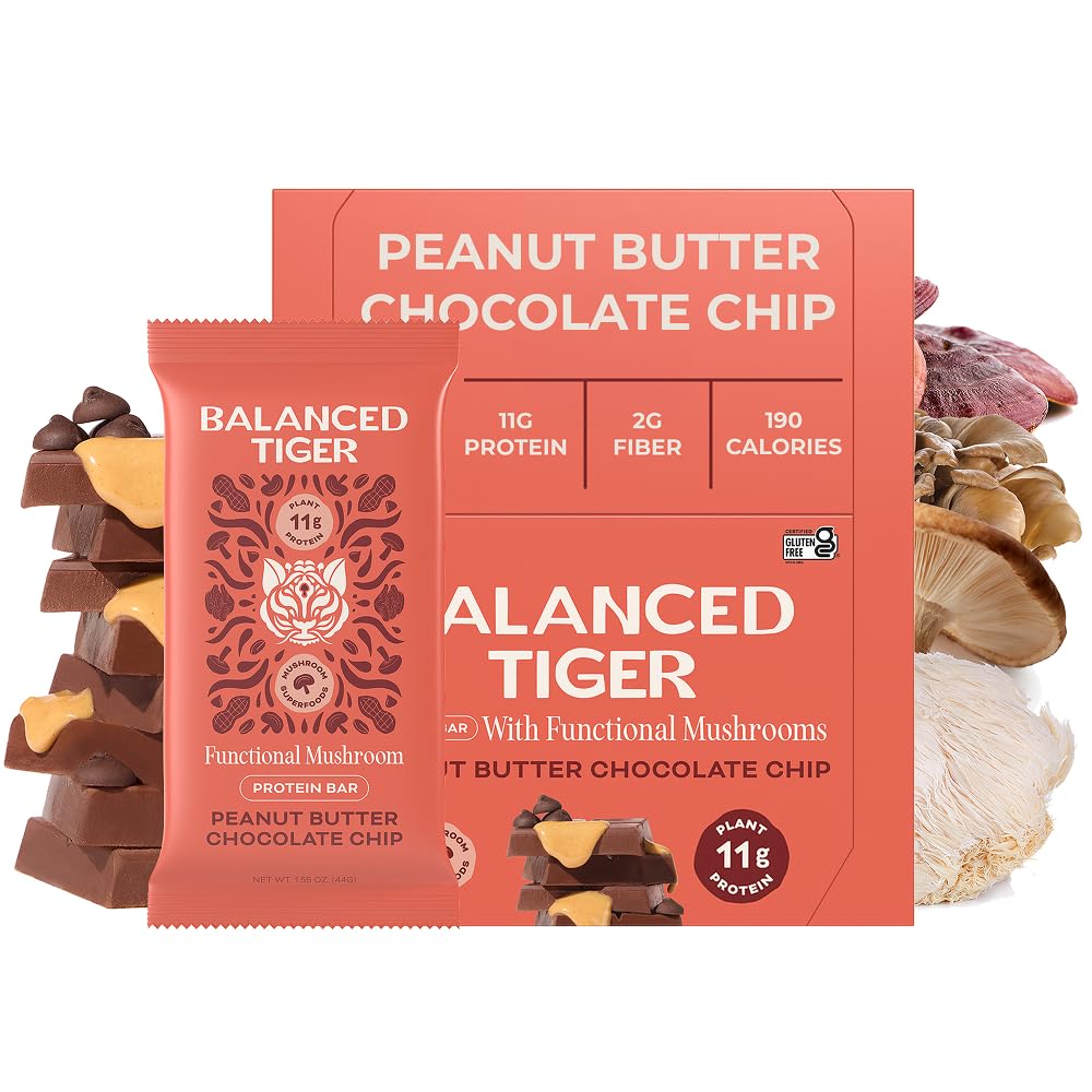 Balanced Tiger Vegan Protein Bars | Plant Based Protein Bars w/Functional Mushrooms - Lions Mane, Shitake, Reishi & Maitake | Peanut Butter Chocolate Flavor, 12 Pack