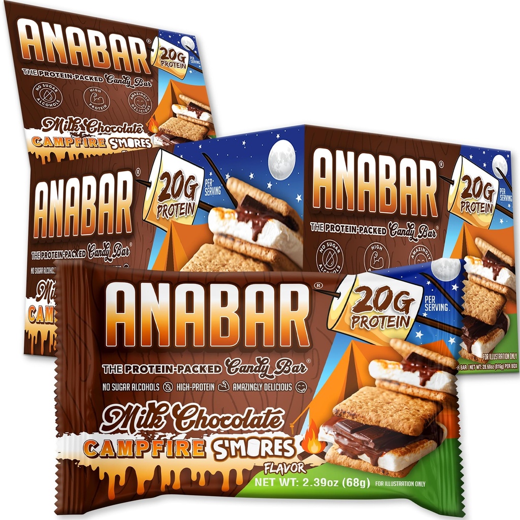 Anabar Protein Bar, The Protein-Packed Candy Bar, Amazing Tasting Protein Bar, No Sugar Alcohols, High Protein, Amazingly Delicious, 20 Grams of Protein (12 Bars, Milk Chocolate Campfire S'mores)