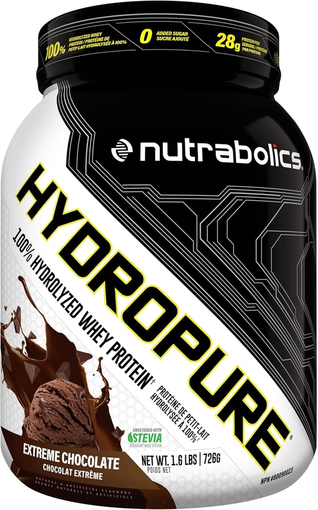 Nutrabolics Hydropure Whey Protein Powder | 100% Hydrolyzed Whey Protein | 28g Protein, Fast Absorbing Protein, Low Fat, Low Carbs | 20 Servings, 1.6LB (Extreme Chocolate)