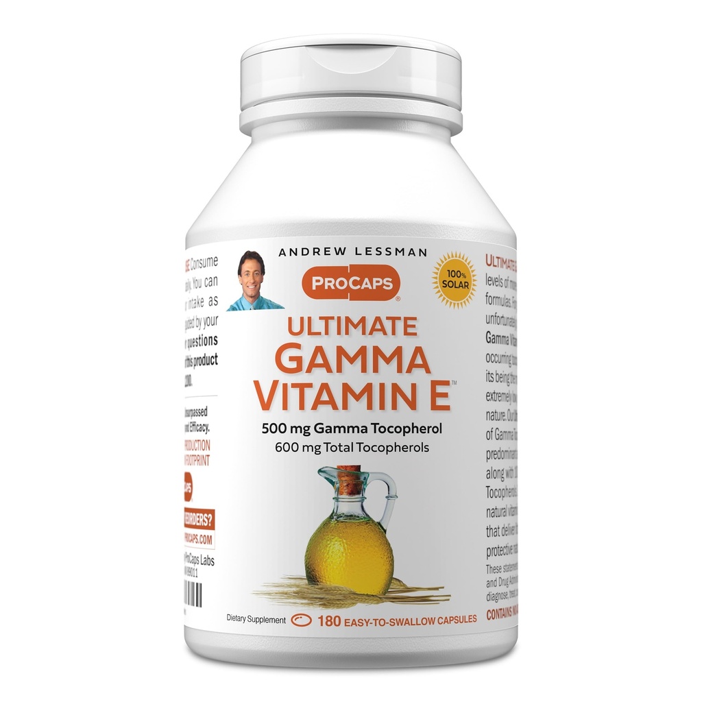 ANDREW LESSMAN Ultimate Gamma Vitamin E 180 Softgels - 500 mg Gamma Tocopherol, Protective Vitamin E. Four High Potency Forms of Natural Tocopherols. Powerful Anti-Oxidant. No Synthetic Forms