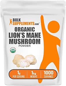 BulkSupplements.com Βιολογικά Λιοντάρια Mane Mushroom Powder - Lions Mane Powder, Mushroom Supplement - Vegan & Gluten Free, 1g ανά Σερβίρισμα, 1kg (2,2 λίβρες) (Pack of 1)