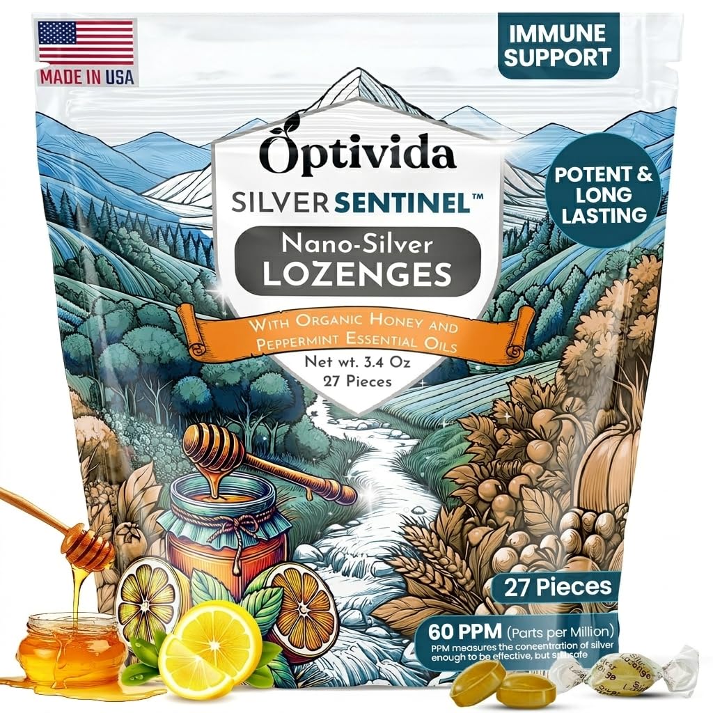 OPTIVIDA Υγεία Κολλοειδής Ασημί Lozenges με Μέλι & Λάδι Λεμόνι (1 Pack) - Καταπραϋντικό Λαρύγγι Λοτζάνια για Ενήλικες με Αρωγή Βήχα & Γρήγορη Δράση Nano Silver Formula για Ανοσολογική Υποστήριξη, 60 Ppm