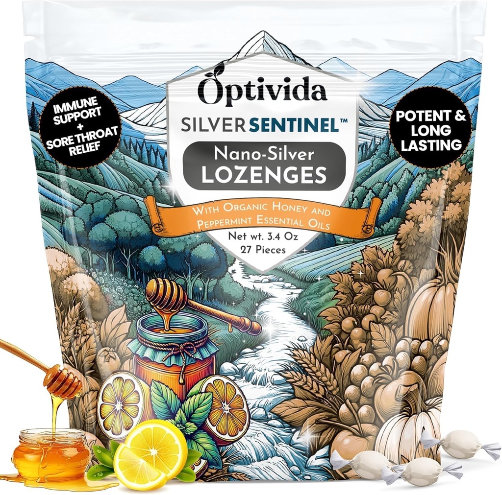 OPTIVIDA Υγεία Κολλοειδής Ασημί Lozenges με Μέλι & Λάδι Λεμόνι (1 Pack) - Καταπραϋντικό Λαρύγγι Λοτζάνια για Ενήλικες με Αρωγή Βήχα & Γρήγορη Δράση Nano Silver Formula για Ανοσολογική Υποστήριξη, 60 Ppm
