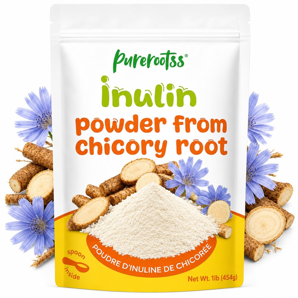 Inulin Powder Fiber Supplement (1lb) - 100% Chicory Root Prebiotic, Gut Digestion Support & Yogurt Drinks Recipes, Non GMO, Vegan, Unflavored Bulk Supplement