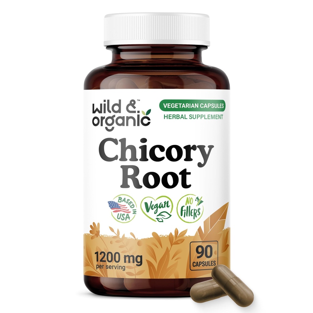 Wild & Organic Chicory Root Capsules - 1200 mg of Chicory Root Powder per Serving - Digestive & Gut Support - Inulin Fiber Prebiotic Supplement - Non-GMO, Vegan Inulin Capsules - 90 Count