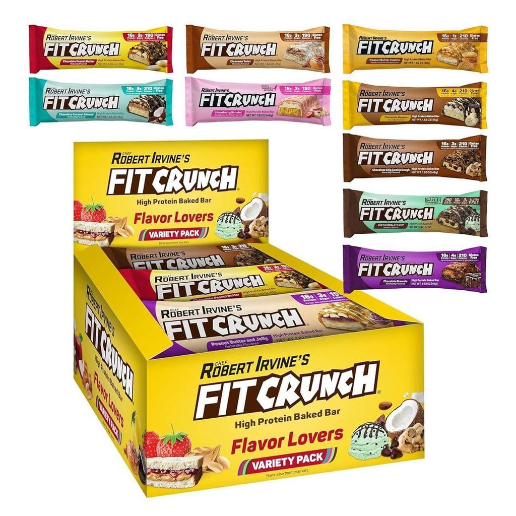 FITCRUNCH Snack Size Protein Bars, 6-Layer Baked Bar, 3g of Sugar, Gluten Free & Soft Cake Core (9 Count, Flavor Lovers)