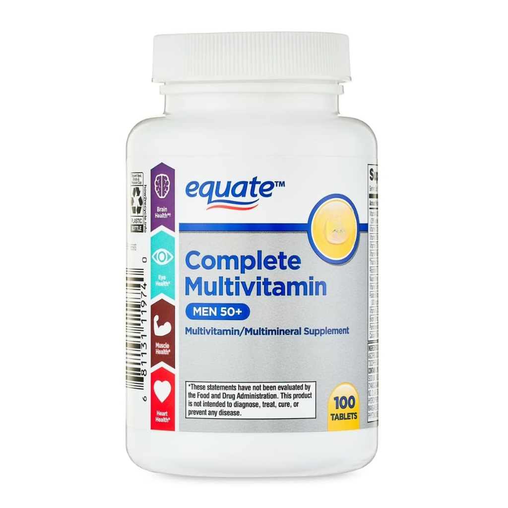 Equate Complete Multivitamin for Men 50+, Daily Multimineral Supplement Tablets, 100 Count Sticker