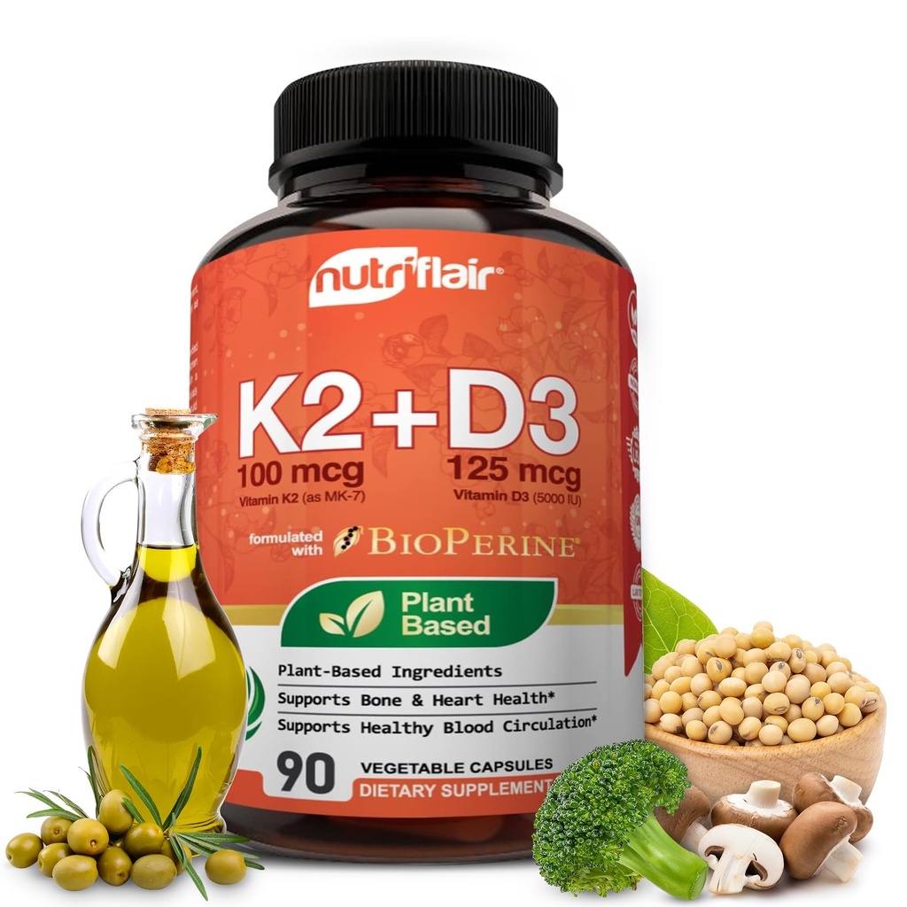 NutriFlair Βιταμίνες D3 (5000iu/125mcg) + K2 (ως Mk7) - Φτιαγμένο με Φυτικά Βασισμένα Συστατικά Plus BioPerine Black Pepper Extract, 90 Κάψουλες - Υποστηρίζει Υγιεινό Ανοσοποιητικό, Καρδιά και Υγεία - Μη-GMO χάπια