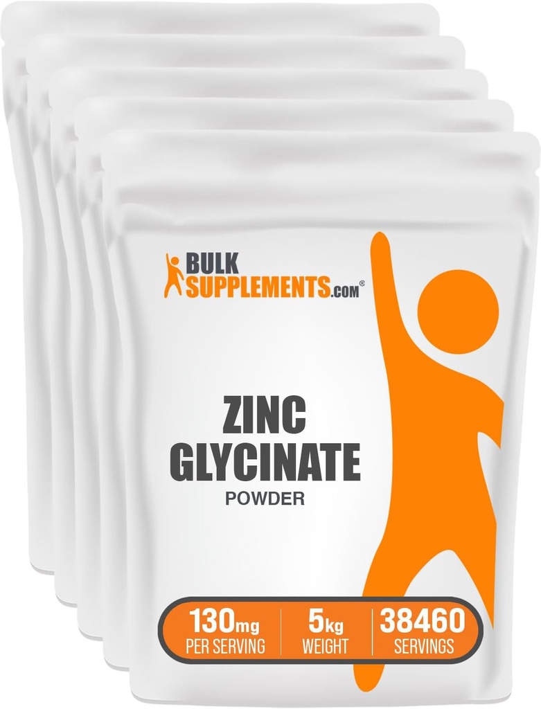 BulkSupplements.com Γλυκινικός ψευδάργυρος Σκόνη - συμπλήρωμα ψευδαργύρου, Συμπλήρωμα Ορυκτών για την υποστήριξη του ανοσοποιητικού - Χωρίς γλουτένη, 130mg ανά Σερβίρισμα, 5kg (11 lbs) (πακέτο των 5)