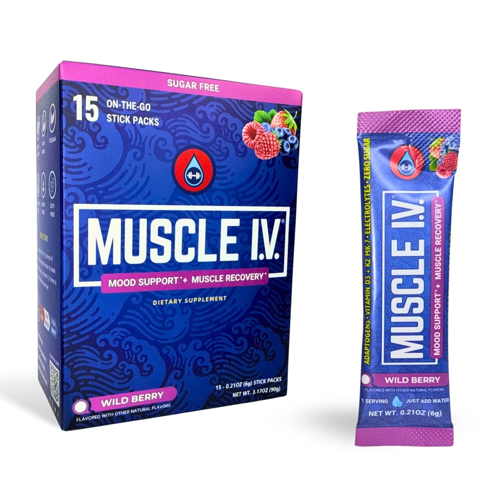 Muscle I.V.® Mood Support + Recovery - Calm Focus, Relaxation and Stress Relief Drink Mix | KSM-66® Ashwagandha, L-Theanine, Magnesium Glycinate, D3 + K2, Electrolytes | Sugar-Free, 15 Stick Packs