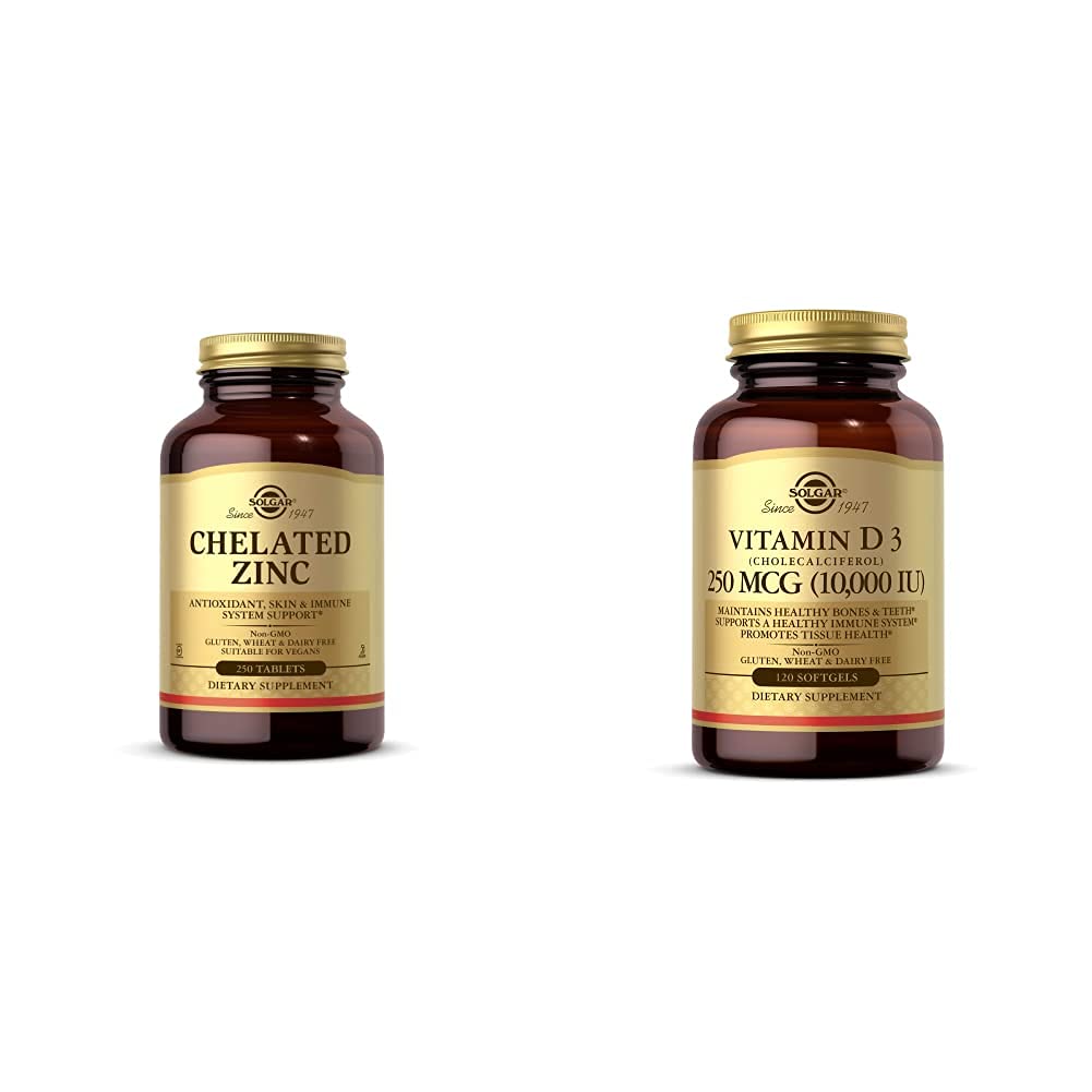 Solgar Chelated Zinc, 250 Tablets - Zinc for Healthy Skin - Supports Cell Growth & DNA Formation - E with Vitamin D3 (Cholecalciferol) 250 MCG (10,000 IU), 120 Softgels - Helps Maintain Healthy Bones