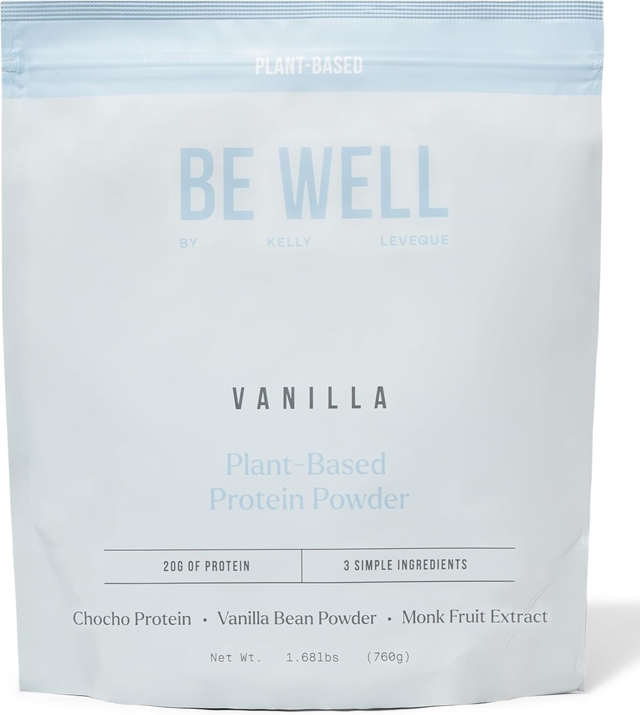 Be Well by Kelly Vanilla Plant-Based Protein Powder, Vegan 20G Protein 8G Fiber 0 Net Carb (3 Ingredients, 20 Servings) 9 Amino Acids+3 BCAAs No Soy, No Dairy, Stevia-Free, No Sugar Added 1.68lb 760g