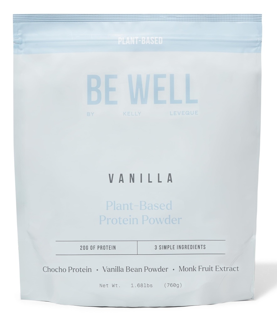 Be Well by Kelly Vanilla Plant-based Protein Powder, Vegan 20G Protein 8G Fiber 0 Καθαρό υδατανθράκων (3 Συστατικά, 20 σερβιρίσματα) 9 Αμινοξέα+3 BCAAs No Soy, No Dairy, Stevia-Free, No Sugar Added 1.68lb 760g