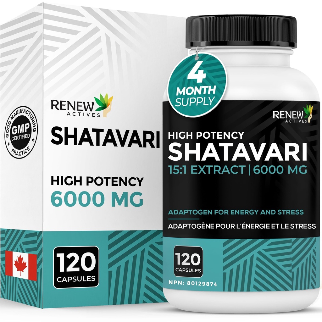 Renew Actives Shatavari Capsules – Natural Adaptogen for Energy, Vitality, & Endurance – Promotes Wellness & Resilience with Ayurvedic Herbs – Organic, Vegan – Made in Canada – 120 Capsules