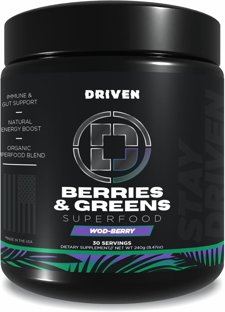 Driven B&G μούρα & Πράσινα Superfood Powder, 30 Services - Organic Plant Based Formula with Probiotics & Digestive Enzymes -Supports Recovery, Health Digestion, and Immune Function