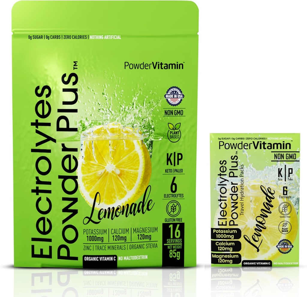 PowderVitamin Ηλεκτρολυτές σκόνης Plus, Keto, Λεμονάδα, Χωρίς ζάχαρη, Pink Αλάτι Ιμαλαΐων, 1000mg Κάλιο, 120mg Ασβέστιο, 120mg Μαγνήσιο, Μη-ΓΤΟ, Μη-GMO, Μηδέν θερμίδες, (16 πακέτα ενυδάτωσης)