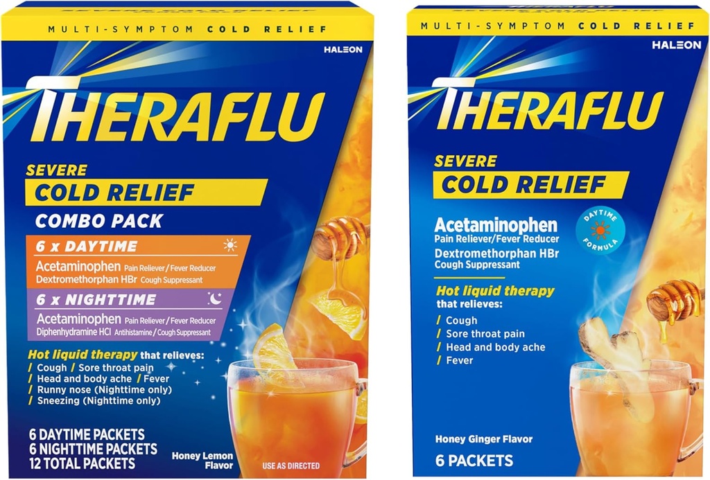 Theraflu Severe Cold Relief Hot Liquid Powder Combo: 12ct Daytime/Nighttime Honey Lemon Flavor + 6ct Daytime Honey Ginger Flavor