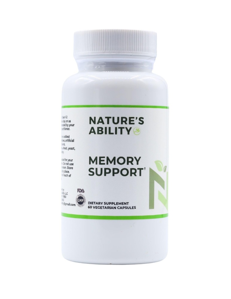 NATURE'S ABILITY Memory Support Supplement, Ginkgo Biloba, Lion's Mane, Bacopa Monnieri, Acetyl L-Carnitine, Alpha GPC, Huperzine A, 60 Vegetarian Capsules