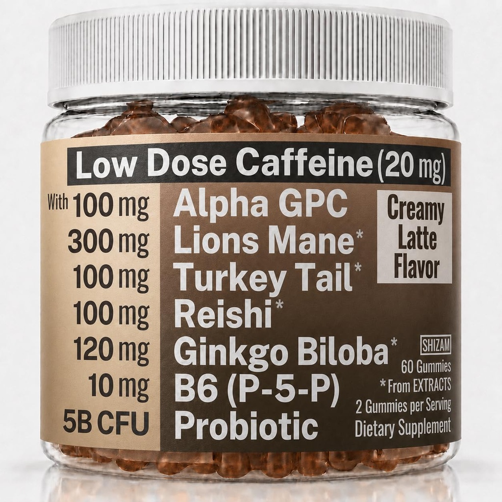 SHIZAM Caffeine Gummies 20 mg with Ginkgo Biloba, Alpha GPC, Mushroom Complex (Lion’s Mane, Turkey Tail, Reishi), Probiotic & Vitamin B6 (P-5-P)