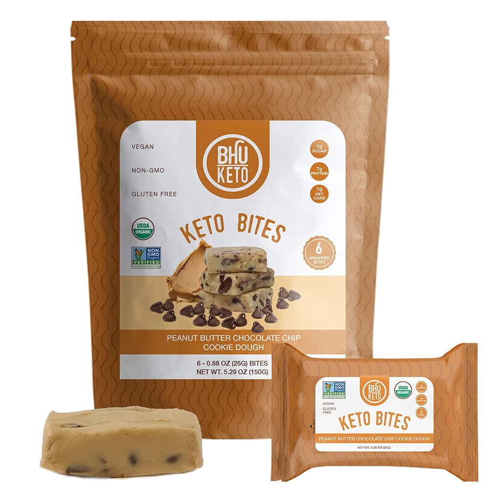 BHU Keto Bites - 1g Net Carb, 1g Sugar - Organic Keto Snack made with Clean, Gluten Free Ingredients - 6 Individually Wrapped Snacks per Bag (Peanut Butter Chocolate Chip Cookie Dough)